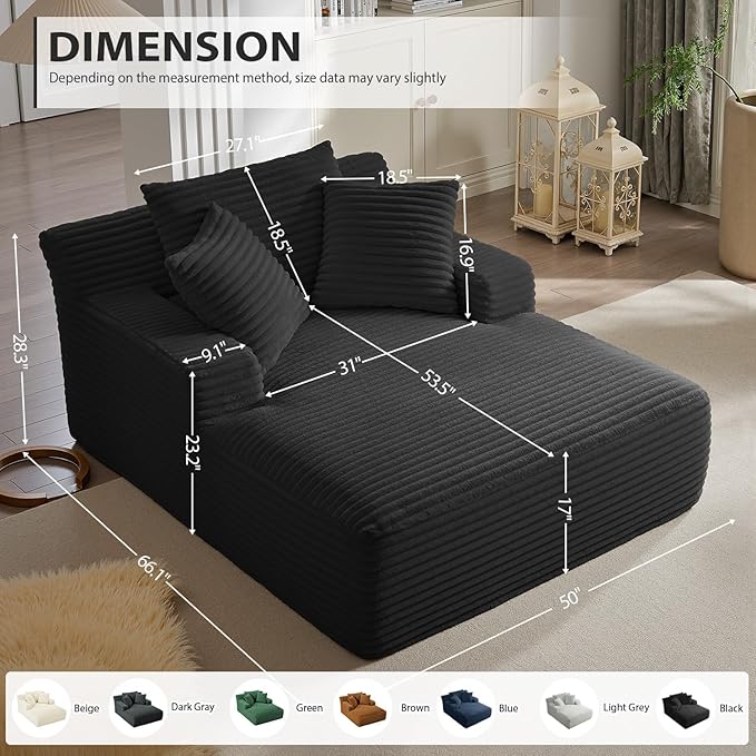 Oversized Chaise Lounge Chair Indoor, Boneless Reading Sleeper Chair Upholstered Corduroy Sofa Bed with Throw Pillows, Cozy Cloud Couch for Living Room, Bedroom, Apartment, Black