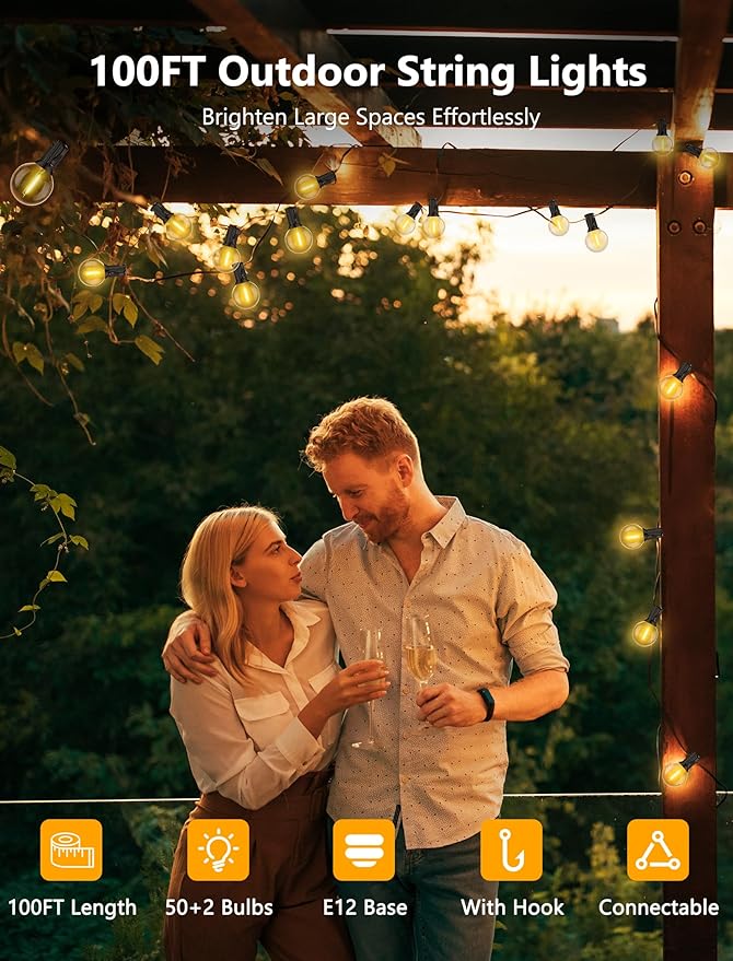 100FT Outdoor String Lights, G40 Globe String Lights with 50 Bulbs& 2 Spare, Waterproof Warm White Lights Indoor, Connectable Patio Lights for Outside Backyard Wedding Bistro Party Decor