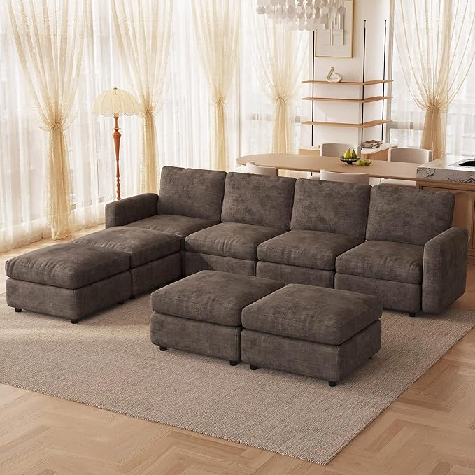 8-Seat Modular Sectional Sofa Couch with 4 Storage Ottomans, Convertible Sleeper Sofas Set for Living Room Bedroom Apartment, Recliner Velvet Comfy Furniture Couch, Brown