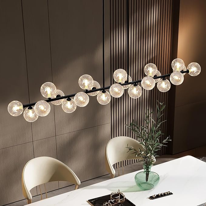 Modern Linear Chandeliers for Dining Room 70 Inhch Sputnik Linear Chandelier Clear Striped Glass Globe Pendant Light for Kitchen Island, Farmhouse, Living Room, Dia 70 Inch