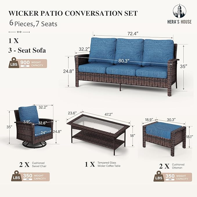 HERA'S HOUSE High Back Patio Furniture Set with Swivel Chairs, All Weather Outdoor Wicker Sofa Set, 6 Pieces Patio Conversation Sets with 5.5" Comfy Cushions for Lawn Deck Backyard, Navy Blue