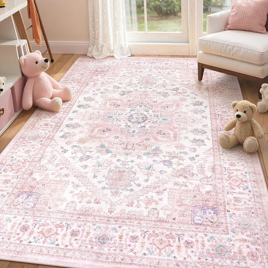 LIVEBOX Pink Washable Area Rug 5x7 - Large Vintage Tribal Living Room Non-Slip Indoor Carpet for Bedroom, Low-Pile Retro Print Distressed Accent for Nursery Dorm Home Decor