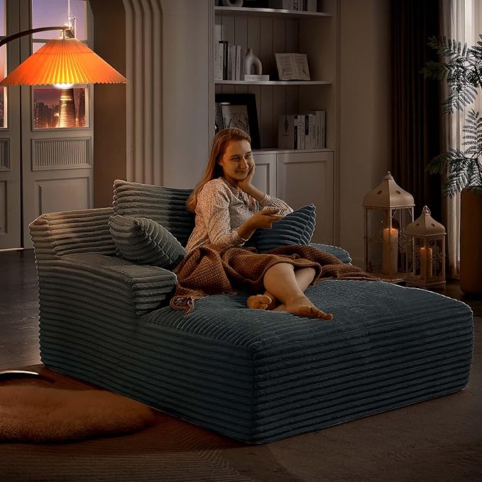 GNIXUU Oversized Chaise Lounge Chair Indoor, Comfy Fluffy Boneless Lounge Sofa Upholstered Sleeper Sofa Couch with Throw Pillows and Armrests, Corduroy Plush Chair Bed for Living Room, Gray