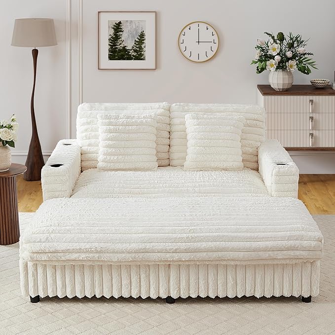 RARZOE 64'' Oversized Chaise Lounge Chair Indoor, Plush Faux Rabbit Fur Sleeper Sofa Bed with 4 Pillows, Charging Station & Cup Holders, Fluffy Comfy Cloud Couch Loveseat Sofa for Living Room,Beige