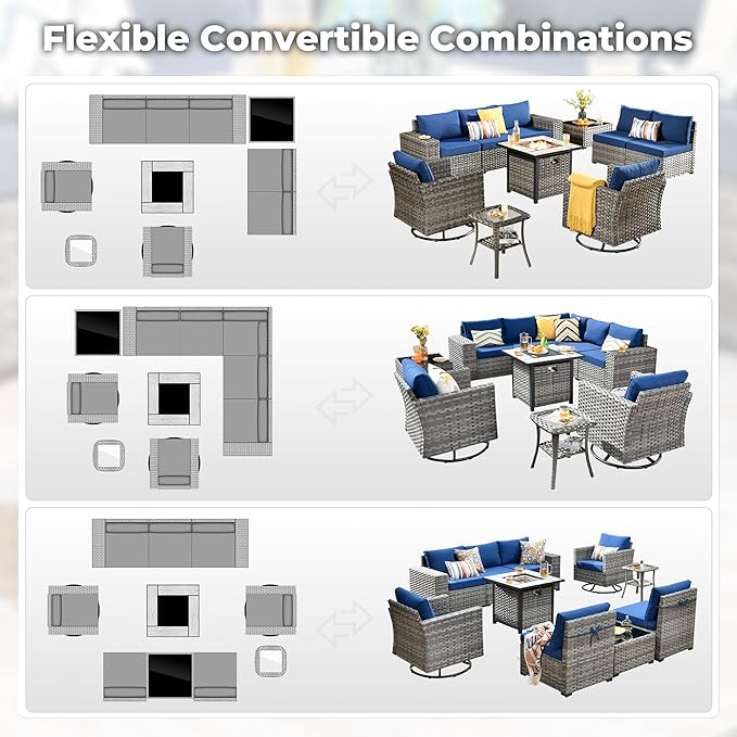 ovios 10 Pieces Patio Furniture Set, Outdoor Wicker Sectional Sofa with 30" Fire Pit Table Swivel Chairs, Modern Modular Deep Seat Rattan Couch Conversation Sets, Navy Blue