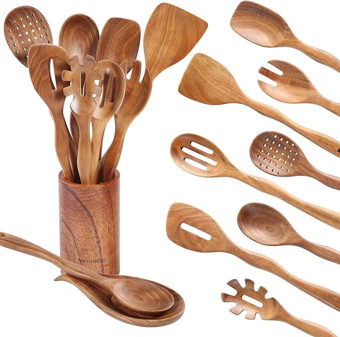 Wooden Spoons for Cooking with Holder,10Pcs Wooden Kitchen Utensil Set Non stick, Non Scratch Natural Teak Wooden Utensils for Cooking