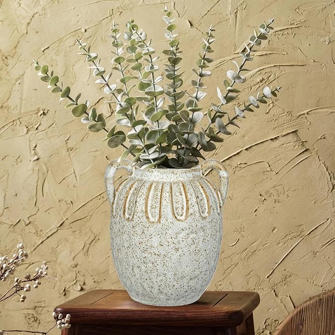 Vintage Ceramic Vase with 2 Handles,Farmhouse Boho Vase for Home Decor, Petal-Like Pluting Rustic Vase for Flower, Centerpiece Table Decoration 6.1 Inch