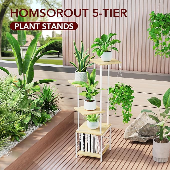 Plant Stand Indoor with Grow Light, 5-Tiered Tall Plant Stand Indoor, Metal Plant Shelf with Hanging Basket Hook and Adjustable Light, Ideal for Living Room, Garden, Patio (Maple)