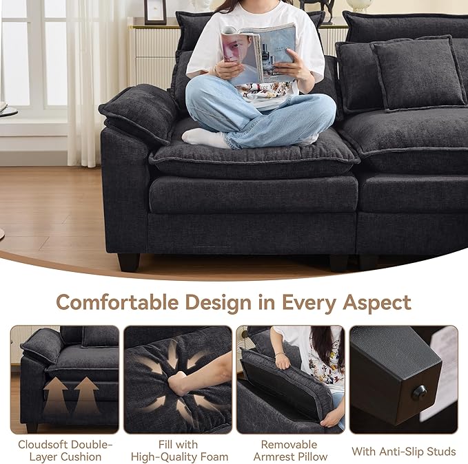 72'' Cloud Modern Loveseat Couch with Detachable Headrest, Modular Sectional Sofa Couch Deep Love Seat, Oversized 2 Seater Chenille Comfy Sofa with Armrests for Living Room, Dark Grey