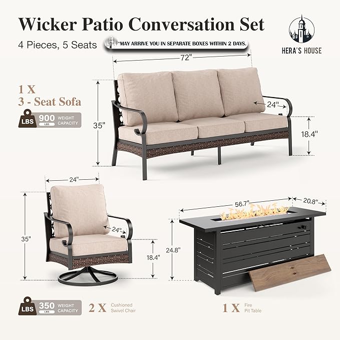HERA'S HOUSE 4 Piece Patio Furniture Set with 56" Fire Pit Table, 2 x Swivel Cushioned Chair, 1 x 3-Seat Sofa, 5-Seats Outdoor Conversation Set for Lawn Garden Deck, Beige