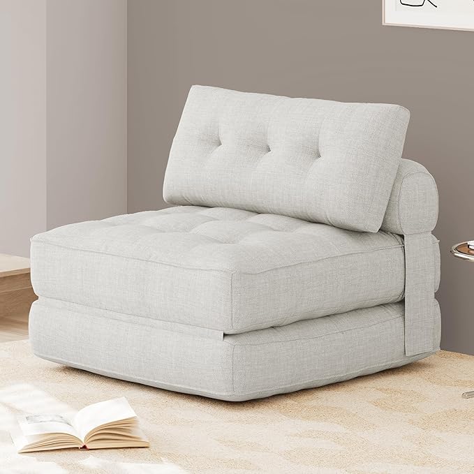 KINGYES Folding Sofa Bed, Convertible Sleeper Chair with Pillow, Foldable Single Futon Chair Floor Sofa Lounge for Living Room, Beige
