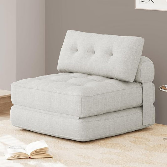 KINGYES Folding Sofa Bed, Convertible Sleeper Chair with Pillow, Foldable Single Futon Chair Floor Sofa Lounge for Living Room, Beige