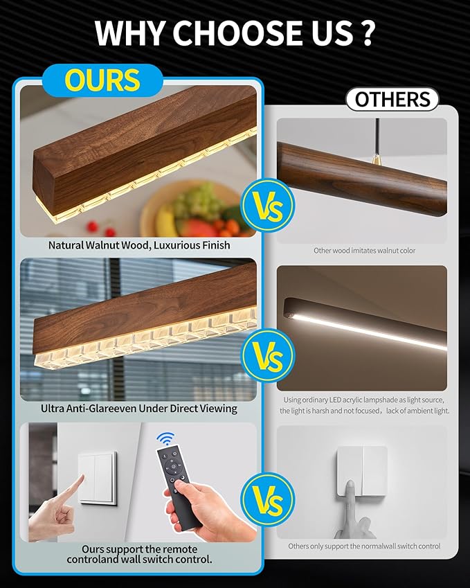 59" Wood Linear Pendant Light, Dimmable Kitchen Island Lighting with Remote, 30W LED Island Lights for Kitchen, Adjustable Linear Chandelier for Dinning Room Light Fixture, Bar, Pool Table - Walnut