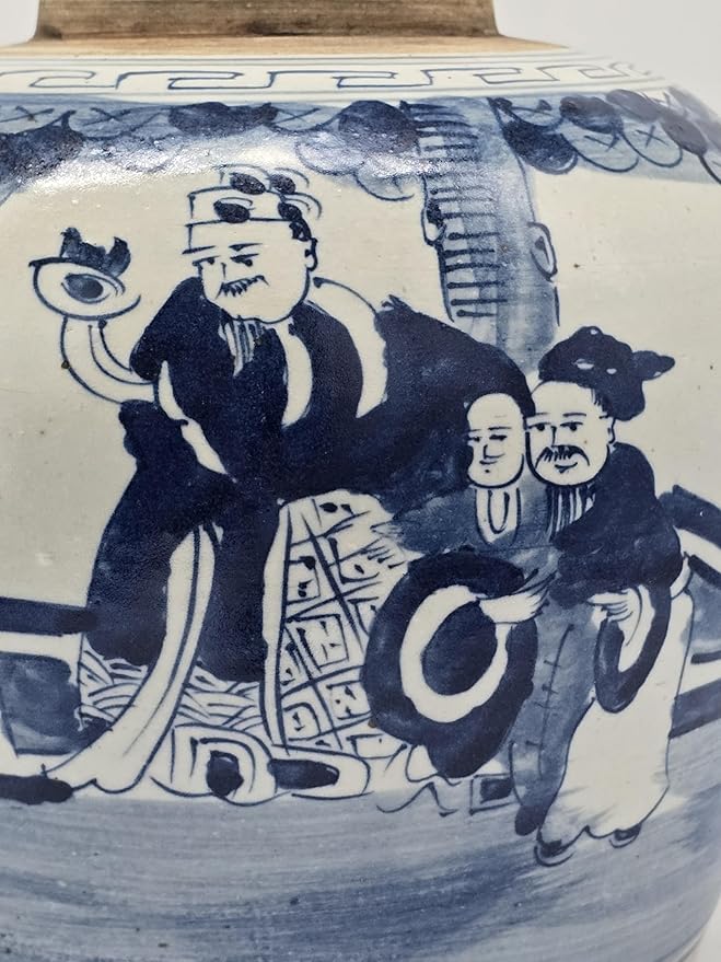 Festcool Antique Style Blue and White Porcelain Scholars Figure Ceramic Covered Jar Vase, China Ming Style, Jingdezhen (J1)