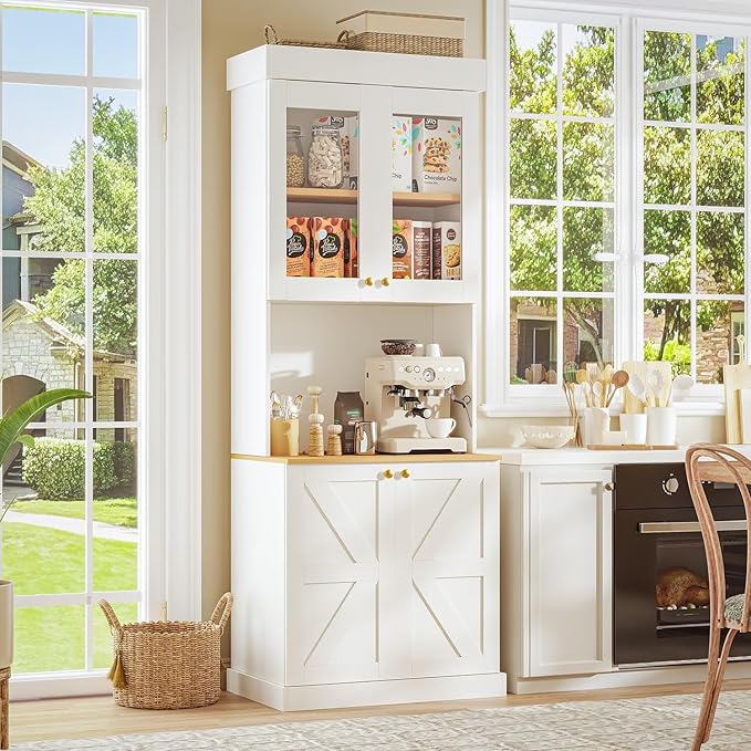 71" Farmhouse Kitchen Pantry Cabinet, White Freestanding Coffee Bar with Glass Doors, Microwave Stand, Large Storage Hutch with Adjustable Shelves for Kitchen or Living Room