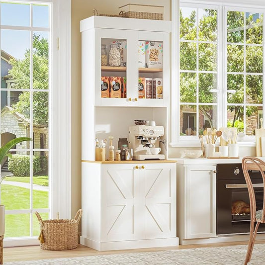 71" Farmhouse Kitchen Pantry Cabinet, White Freestanding Coffee Bar with Glass Doors, Microwave Stand, Large Storage Hutch with Adjustable Shelves for Kitchen or Living Room