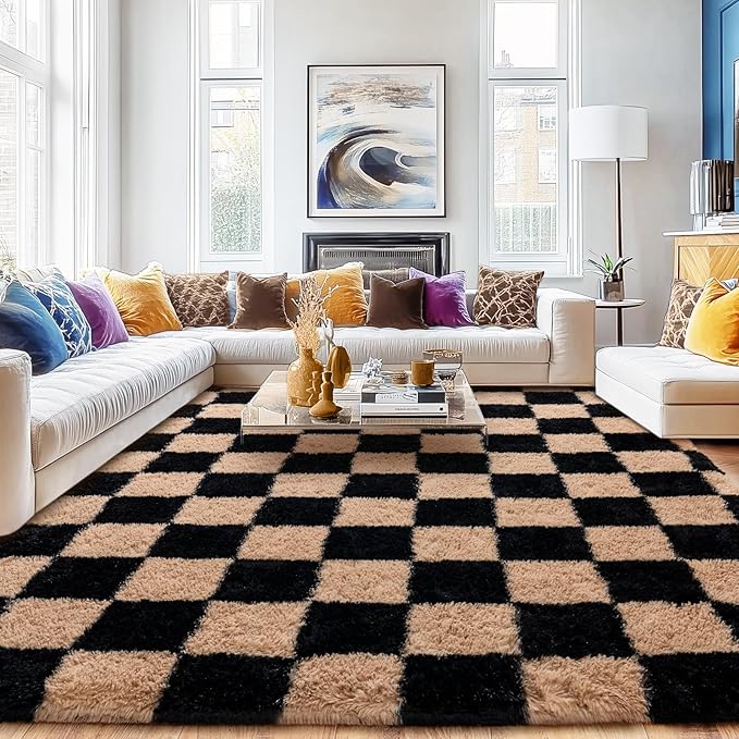 Checkered Rug for Living Room 8x10, Ultra Fluffy Fuzzy Shag Large Area Rug for Bedroom, Modern Plush Soft Upgrade Non-Slip Carpet for Kids Girls and Boys Room Dorm Home Decor, Black and Beige