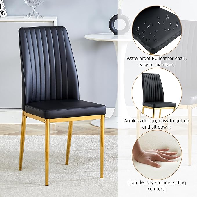 62" Marble Dining Room Table Set for 4 Rectangle Modern Dinner Table with Sintered Stone Top Golden Metal Legs for Kitchen Dining Room (62" Golden+4Black Chairs)