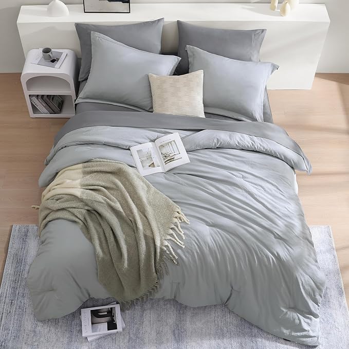 WRENSONGE Queen Comforter Set- 7 Pieces Soft Light Grey Bed in a Bag Queen with Fitted Sheet, Flat Sheet, 2 Pillow Shams, and 2 Pillowcases- Warm Bed Set for All Season