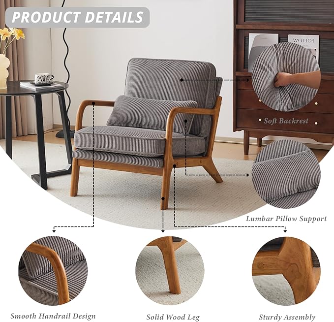 Karl home Mid-Century Modern Accent Chair, Living Room Chairs with Pillow Corduroy Upholstered Lounge Armchair with Solid Wood Frame & Soft Cushion for Bedroom, Reading Room, Gray