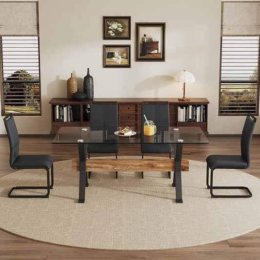 5 Piece Glass Dining Table Set, Kitchen Table Chairs Set for 4, 71'' Dining Table with 0.4" Tempered Glass Tabletop with Plated Metal Legs and MDF Crossbar, 4 PU Chairs for Dining Room, Kitchen.