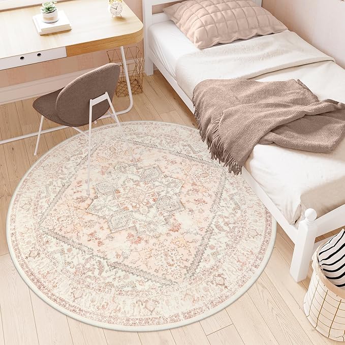 LIVEBOX Washable Peachy Pink Rug 5ft - Medallion Vintage Circle Rugs for Bedroom, Low-Pile Tribal Print Carpet for Nursery, Non-Slid Distress Floral Circular Rug for Living Room Kid's Room Entryway
