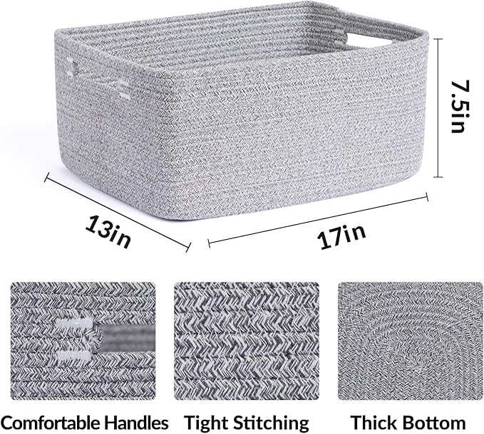 Large Storage Baskets for Shelves, Closet Organizers Bins for Clothes Blanket Towels, Baby Nursery, Toy Baskets Box, Woven Rope Baskets, 17 x 13 x 7.5”, 3 Packs Mixed Grey
