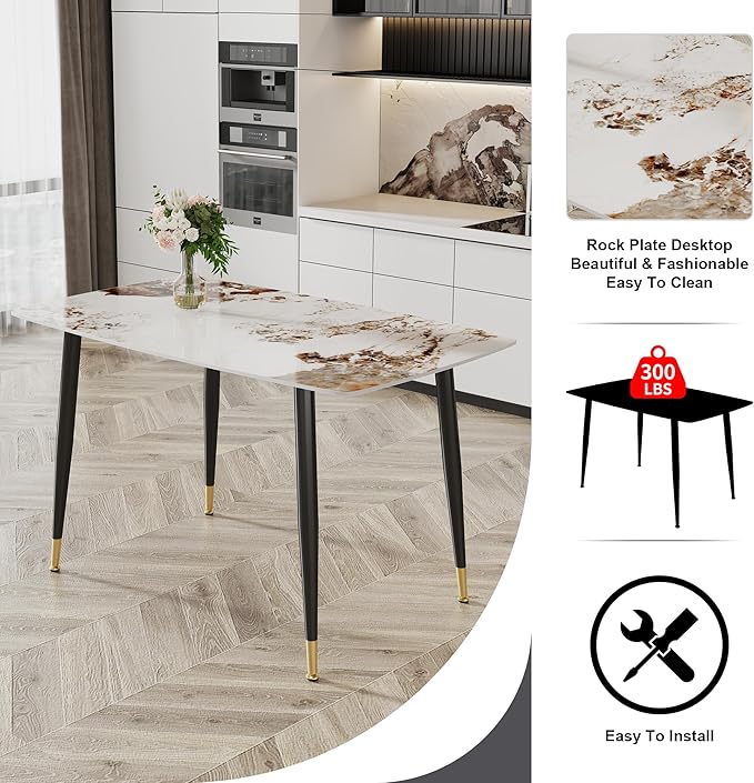 5 Pieces Modern Sintered Stone Dining Table Set 50" Rectangular Faux Marble Tabletop Kitchen Table with 4 PU Leather Chair Dinner Table Set(1Faux Marble Table+4Black Chairs)