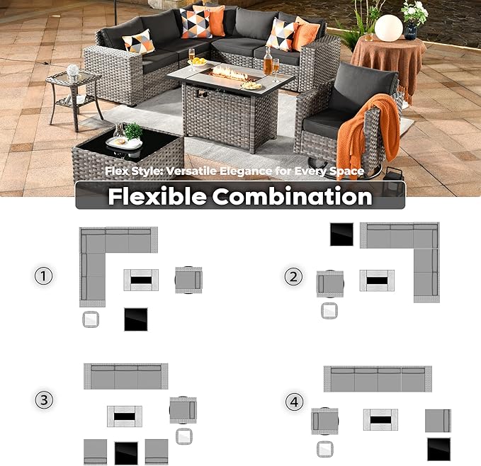 ovios 9 Pieces Patio Furniture Set, Outdoor Wicker Sectional Sofa with 42" Fire Pit Table Swivel Chair, Modern Modular Deep Seat Rattan Couch Conversation Sets, Black