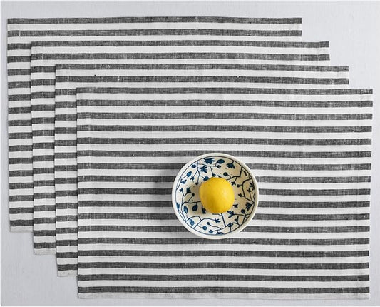 Solino Home Linen Placemats Set of 4 - Amalfi Stripe Black and White Placemats 14 x 19 Inch - 100% Pure Linen Place Mats for Fall, Autumn, Halloween, Thanksgiving