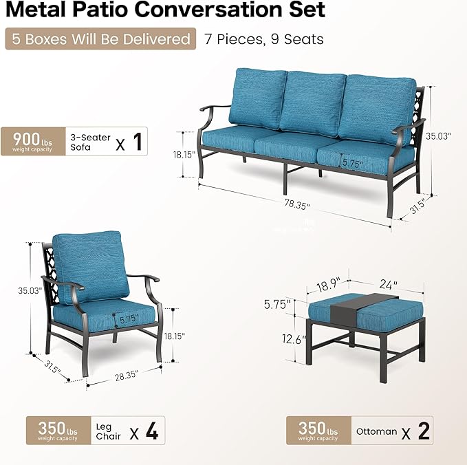 7 Piece Metal Outdoor Patio Furniture Set, Patio Conversation Sets 3-seater Sofa, 4 Fixed Chair, 2 Ottomans with 5.75" Thick Cushion, Black All-weather Frame Backyard Furniture, Blue-2