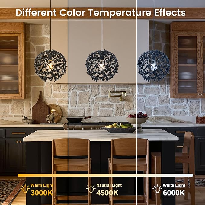 Black Round Tree Branch Pendant Lights Kitchen Islands, 13.8" Modern Farmhouse Adjustable Hanging Light Fixtures, Matte Black Metal Spherical Leaf Pendant Lighting for Dinning Room Bedside Hallway