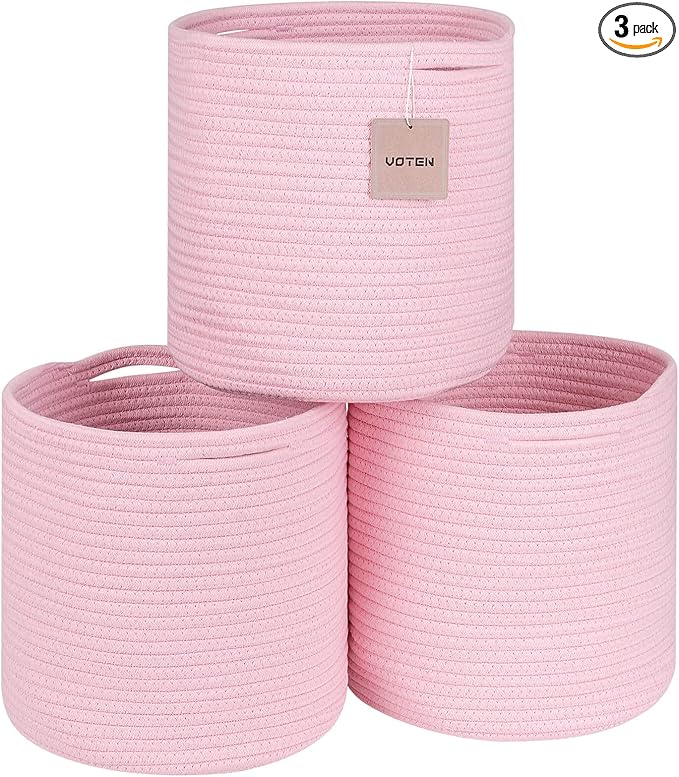 voten Storage Cubes Baskets Bins Organizer 11x11x11'' Fit 12x12''Cube Storage Organizer Bookcases Shelf,Durable Woven Cotton Storage Basket for Organizing,Round 3Pack Pink