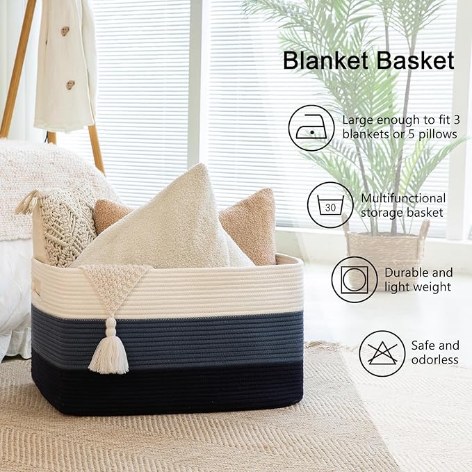 OIAHOMY Large Blanket Basket, 22”x17”x12” Rectangle Woven Baskets, Nursery Blanket Storage Living Room, Toy Storage With Handle, Large Baskets for Organizing-Gradient Blue
