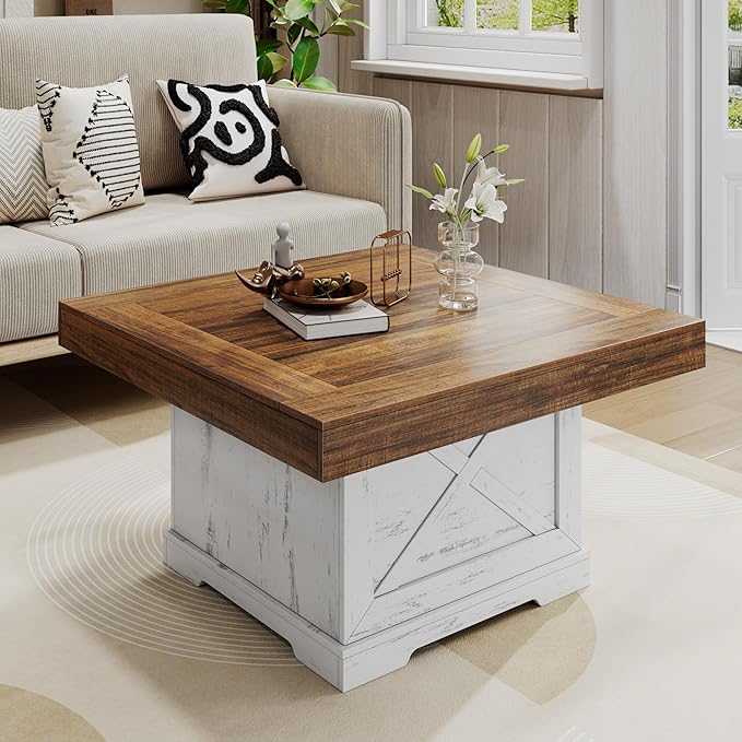 Coffee Table 31.5 in Farmhouse Center Table with X Design Wooden Pedestal for Living Room, Easy Assembly Small Square Home Office Tea Accent Table for Dining Room Apartment, Antique White