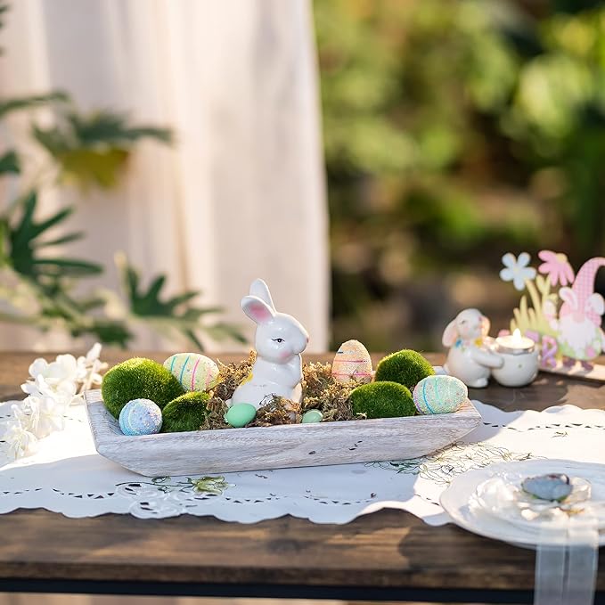 Hanobe Decorative Wood Dough Bowl: Long Wooden Bowl for Entry Way Table Home Decor - Coffee Table Decor for Living Room - Dining Table Centerpiece Decor, White