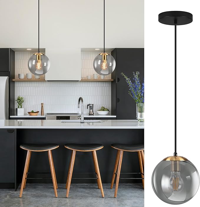 KoKo&Yukina 8 Inch Gold Pendant Light Globe Pendant Lights Kitchen Island Mid Century Light Fixture with Grey Glass Shade Adjustable Globe Cluster Lights for Dining Room Living Room