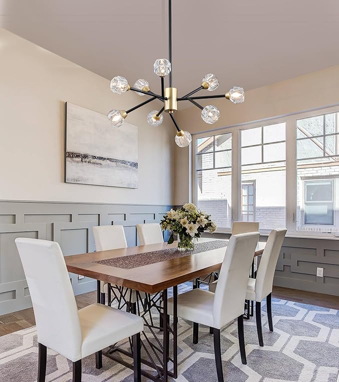 AMZASA Glass Crystal Chandelier for Dining Room, Modern Black and Gold Glass Pendant Lighting, 9 Lights Mid Century Ceiling Light Fixtures for Kitchen Island Living Room Bedroom Bar