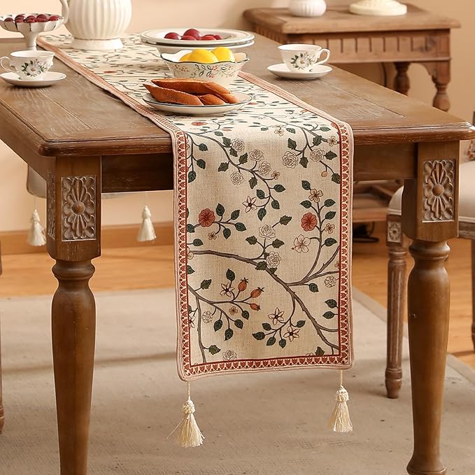 ISAENNE Designer Elegant Linen Floral Table Runner 87 Inches Long,Farmhouse Light Beige Durable Decor Table Runners for Dining Tables,Thanksgiving,Kitchen Tables,Christmas,12"*87"-Flora A