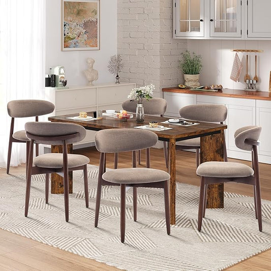 7-Piece Rectangular Dining Table Set for 6, 63" Industrial Kitchen Table with 6 Wooden Upholstered Dinner Chairs for Dining Room, Kitchen, Living Room, Brown+Camel