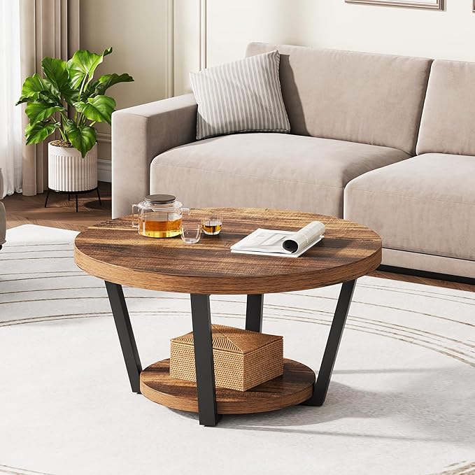 Round Coffee Table with Storage Shelf, 2-Tier Wooden Accent Center Table, Modern Industrial Living Room Furniture, Rustic Brown