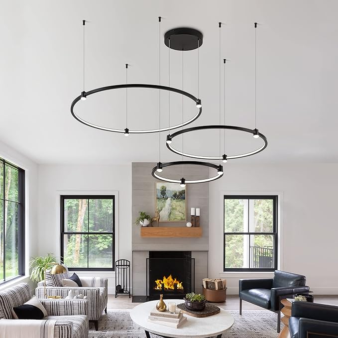 Modern Led Chandelier, 3-Rings Light Modern Led Pendant Light Black Dimmable Integrated Ceiling Hanging Pendant Lighting for Kitchen Island Dining Room Living Room Office 3000K 4000K 6000K