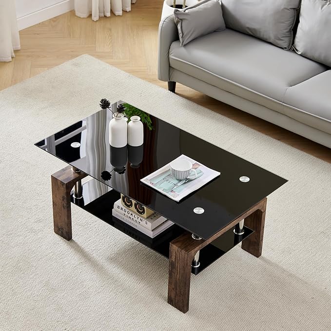 Living Room Rectangle Coffee Table, Tea Table Suitable for Waiting Room, Modern Side Coffee Table with Wooden Leg, Glass Tabletop with Lower Shelf.(Black Brown)