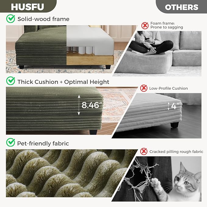 HUSFU 60'' Oversized Chaise Lounge Chair, Upholstered Sofa Bed, Sleeper Couch Reading Chairs with USB Port and Cup Holders,Comfy Cloud Sofas Couches for Living Room,Green