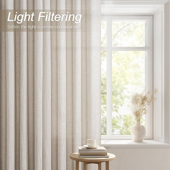 Topfinel Linen Semi Sheer Curtains 90 Inches Long 2 Panels Set Burlap Thick Linen Textured Boho Farmhouse Neutral Curtain Drapes for Living Room Bedroom,90 inch Length,Oatmeal