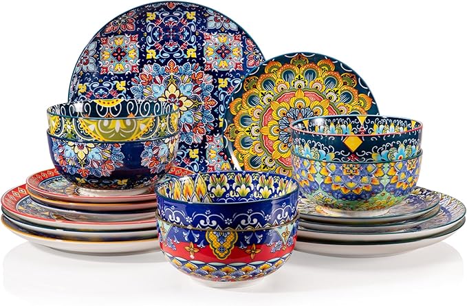 Sweejar Ceramic Dinnerware Sets for 6,18 Pieces Boho Plates and Bowls for Kitchen,Housewaring Gift,Bohemian Style Dish Set,Dishwasher and Microwave Safe(Colorful)