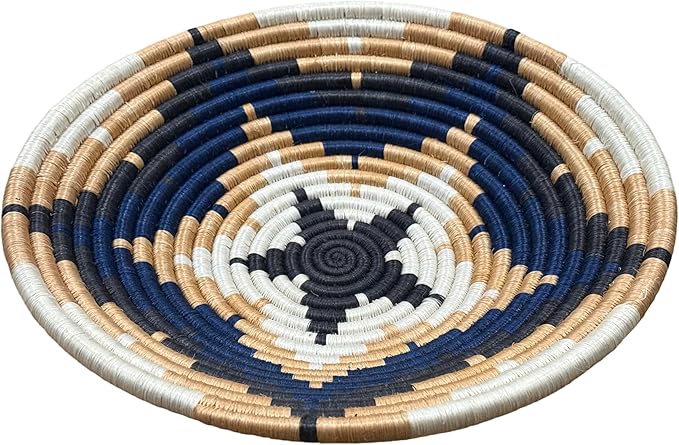 Handwoven African Basket Handmade sisal Fruit Bowl Wall Hanging decorative Baskets for Home Living Room Kitchen Centerpiece Zen Designs Arts and Crafts (Blue Tan White, 10in diameter)