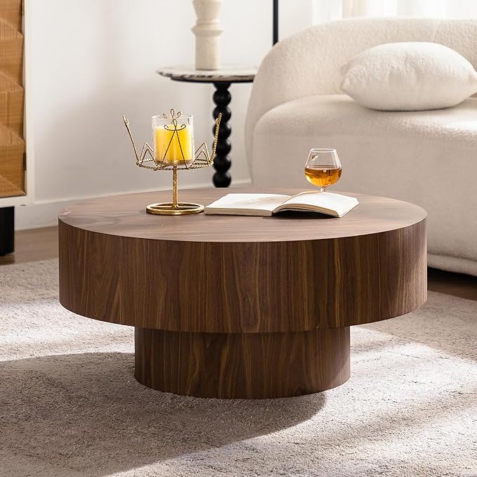 31.51" Round Coffee Table, Mid Century Modern Accent Coffee Tables, Circle Wooden Centre End Table for Living Room Home Furniture - Walnut