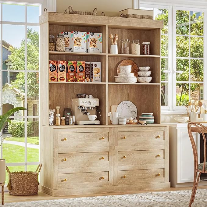71" Farmhouse Kitchen Pantry Cabinet Set of 4 with Drawers, Brown Freestanding Coffee Bar Hutch with Microwave Stand, Large Storage Cabinet with Adjustable Shelves for Kitchen, Living Room