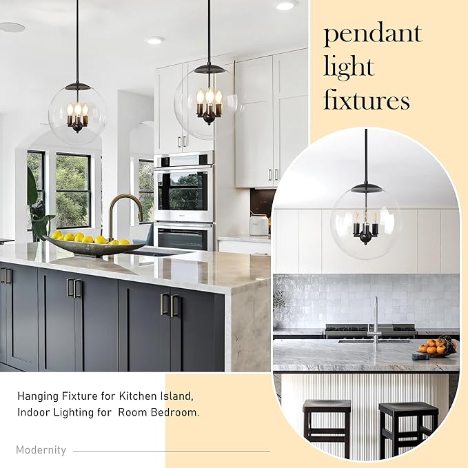 13.7" Globe Pendant Light 3-Light Black Mid Century Pendant Light Clear Glass Lights Kitchen Island Mid Century Adjustable Hanging Farmhouse Globe Fixtures for Living Room Lobby
